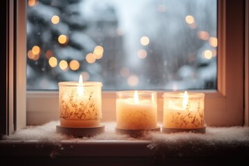 scented candles burning near a window with snow view
