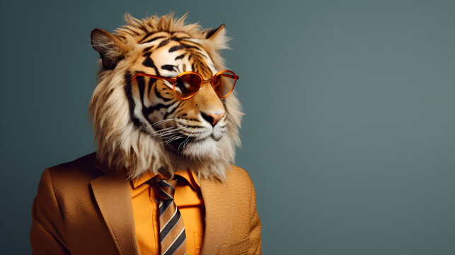 businessman tiger wearing suit and Blaser on grey background 
