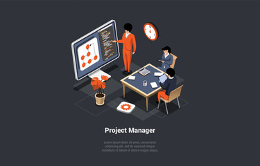 Concept Of New Startup Or Project. Software Engineer Man Project Manager Develop Or Working On New Startup Idea. Creative Team Leader Making Presentation. Isometric 3d Cartoon Vector Illustration