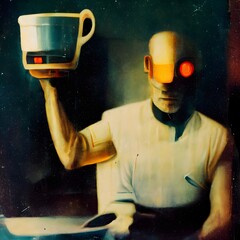 man in undershirt with cybernetic arm pouring a cup of coffee in the morning cyberpunk photorealism polaroid photo  - obrazy, fototapety, plakaty