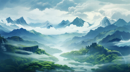 Obraz premium A painting of a blue and green abstract landscape
