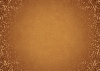 Yellow textured paper with vignette of darker color and golden hand-drawn pattern with splatters of golden glitter. Copy space. Digital artwork, A4. (pattern: p11-1a)