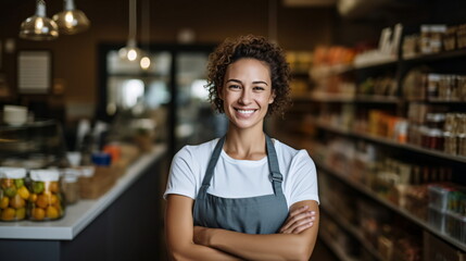 Woman Shopper in Front of Grocery Shelf, casual style, AI Generated