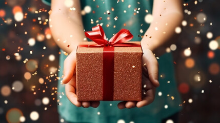 Kid hands holding gift or present box decorated confetti. Composition for Christmas - obrazy, fototapety, plakaty
