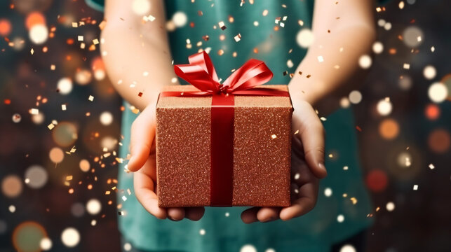 Kid hands holding gift or present box decorated confetti. Composition for Christmas