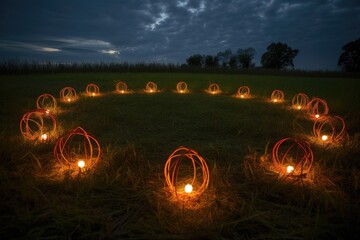 pumpkin lanterns arranged in a circle in a grassy meadow