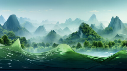 A painting of a blue and green abstract landscape