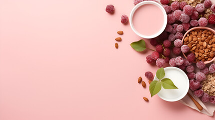 Fototapeta na wymiar Top view of a healthy breakfast spread on a vibrant pink background. Plenty of space for text or design, ideal for promoting nutritious morning meals or for recipe ideas