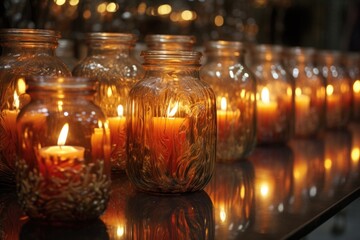 candles inside glass jars casting reflections