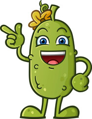 Adorable cute pickle cartoon character with a yellow flower bow pointing confidently and smiling happily  - 655235170