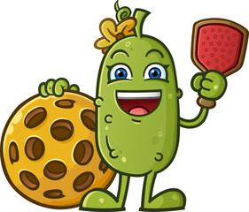 Adorable cute pickle cartoon character with a yellow flower bow holding a pickleball paddle and leaning on a giant pickleball with a big toothy smile - 655235186