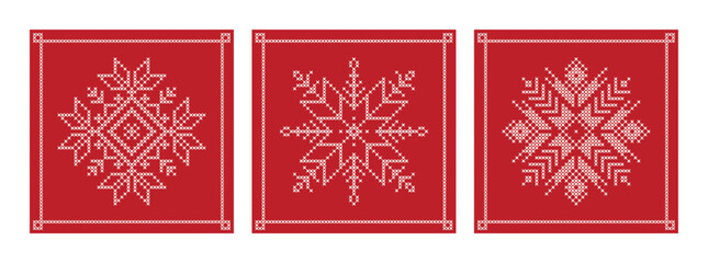 Folk art christmas snowflake embroidery vector, set of three square xmas cross stitch snow patterns - obrazy, fototapety, plakaty