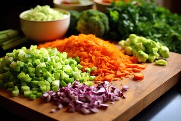 close up shot of a chopping board with finely chopped vegetables