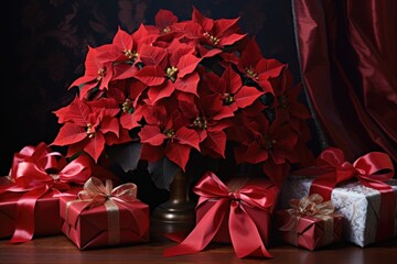 poinsettias arranged near wrapped presents with holiday ribbons