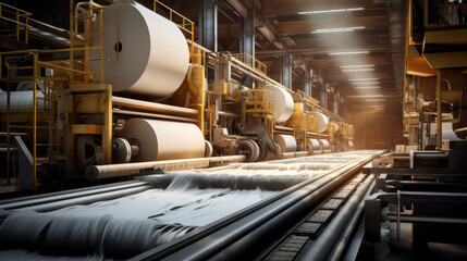 A paper mill with giant rollers and conveyor belts turning wood pulp into paper - obrazy, fototapety, plakaty