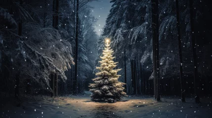 Zelfklevend Fotobehang christmas tree in the forest at night © Boris