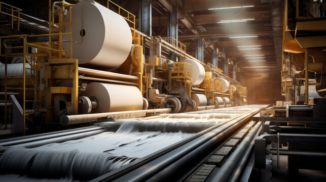 A paper mill with giant rollers and conveyor belts turning wood pulp into paper