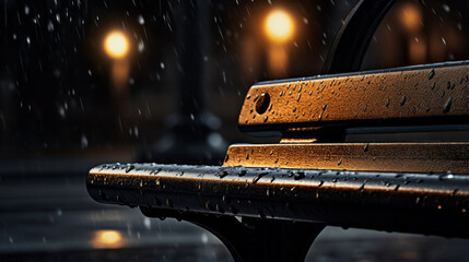 A park bench sitting in the rain, its metal frame beginning to rust - obrazy, fototapety, plakaty