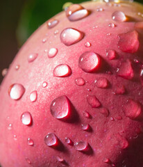 Drops of water on the red skin of an apple. Macro