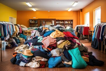 piles of donated clothes in a charitable store