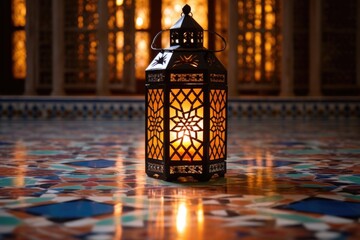 Fototapeta na wymiar a lit moroccan lantern on a geometric tiled floor