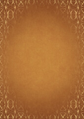 Yellow textured paper with vignette of darker color and golden hand-drawn pattern with splatters of golden glitter. Copy space. Digital artwork, A4. (pattern: p10-4f)