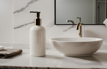 Fototapeta na wymiar A blank Mockup of a hand wash bottle on a marble in the luxurious bathroom . Generative AI