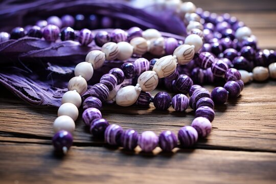 wampum beads on a wooden surface