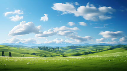 Scenic Natural Landscape: Panoramic Green Field, Blue Sky, and Mountains , Generative AI