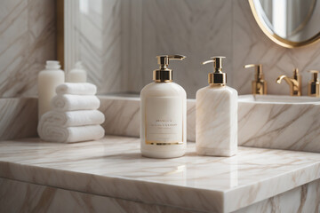 A blank Mockup of a hand wash bottle on a marble in the luxurious bathroom . Generative AI
