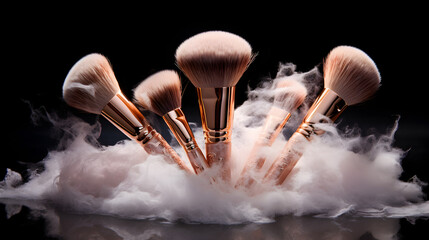 Makeup brushes spread out on shiny white and gold silk. The smooth cloth makes the brushes stand out, looking neat and fancy. Ideal for beauty parlor advertisements and promotions. - obrazy, fototapety, plakaty