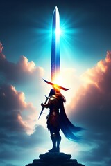 Sword with sky, statue of liberty and book cover