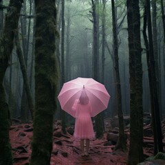 girl in the pink and umbrella in the rainy forest