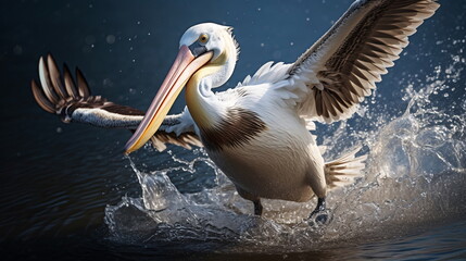 Fototapeta na wymiar A Pelican in Motion: Splashing in the Ocean with Wings Spread Wide, AI Generated