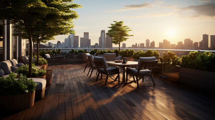 Cityscape Views from Restaurant Terrace with Tables and Chairs under an AI-Generated Skylines Background