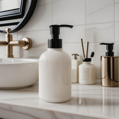 Fototapeta na wymiar A blank Mockup of a hand wash bottle on a marble in the luxurious bathroom . Generative AI