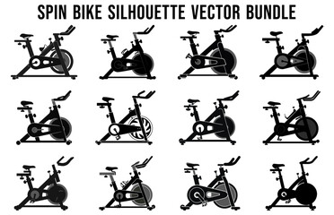 Set of Spin Bike Silhouette Vector Bundle, Indoor Exercise Machine silhouettes