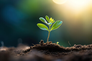 Spring time! Young sprout growing in the soil and sunshine.