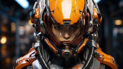 Fototapeta premium Futuristic Elegance: Neon Armor Portrait. Elegance meets futurism in this portrait featuring neon-lit armor, symbolizing the blend of style and technology. A striking futuristic vision.