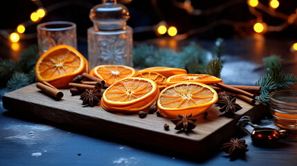 Obraz na płótnie Canvas Wooden Tray with Oranges and Spices on Blue Background - AI Generated