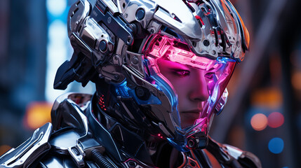 Futuristic Elegance: Neon Armor Portrait. Elegance meets futurism in this portrait featuring neon-lit armor, symbolizing the blend of style and technology. A striking futuristic vision.