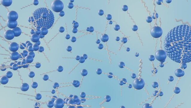 The groups of micelles detergent formation animation 3d rendering