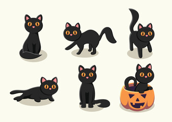 Flat Vector Halloween Black Cat - Hand Drawn 