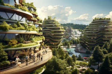 Sustainable urban development with ecological transformation, efficient energy usage, eco-friendly practices. Generative AI