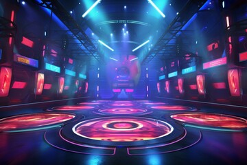 A spacious contemporary arena for game shows featuring vibrant neon lights piercing through misty fog. Generative AI - obrazy, fototapety, plakaty