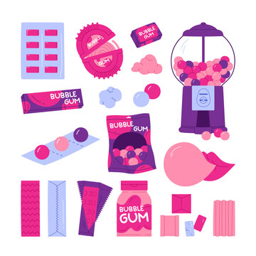 Bubblegum types set. Various sweet chewing candy: balls, stick, dragee, pads, plates, roll. Oral hygiene concept.  Chewing gum collection. Vector illustration in cartoon style. Isolated background