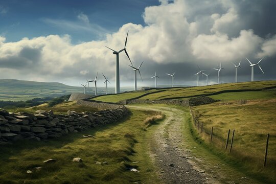 A wind farm with turbines near Sweethope Loughs in Northumberland, England. Generative AI