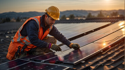 Installation of solar panels by a solar panel technician on the roof - obrazy, fototapety, plakaty