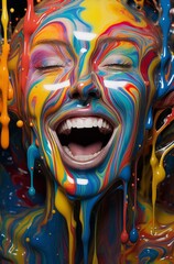 Portrait of a smiling girl covered in various colors.