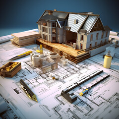 house plan blueprint house, architecture, building, home, construction, 3d, roof, plan, design, blueprint, structure, model, project, housing, residential, 